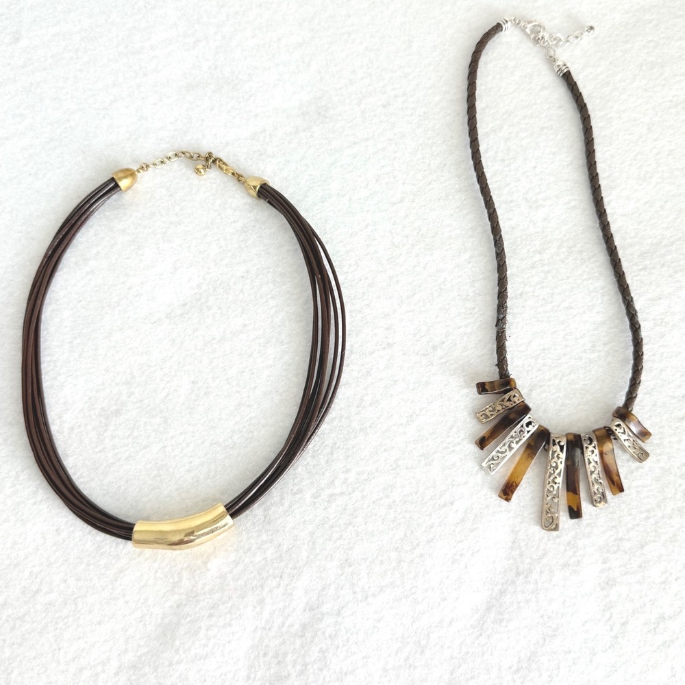 Two VTG Brown Cord Statement Necklaces Gold Tube & Faux Tortoise Filigree Fringe